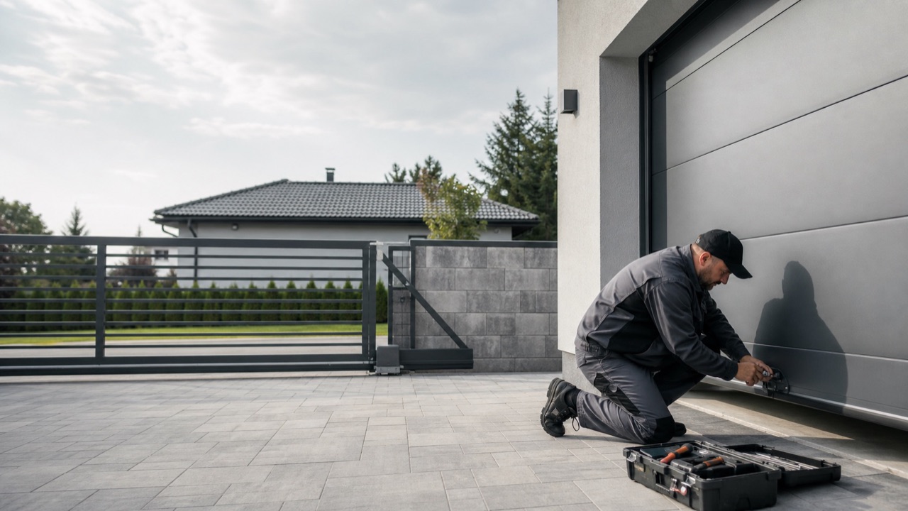 Technik při servisu garážových vrat u rodinného domu